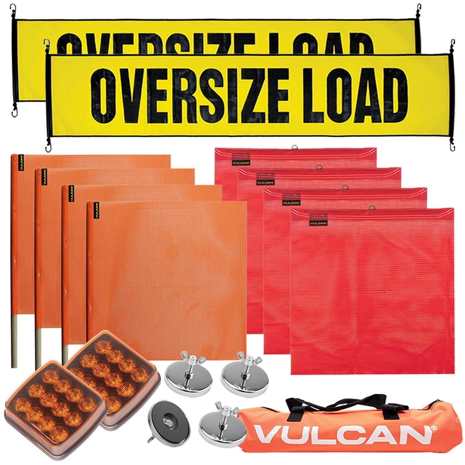 VULCAN Wide Load Marking Kit with Flashers - 2 Oversize Load Banners, 4 Magnets, 8 Safety Flags (4 Red & 4 Orange), High-Visibility Storage Bag & 2 LED Flashers - Perfect for Trucks, Trailers & Oversized Load Transport