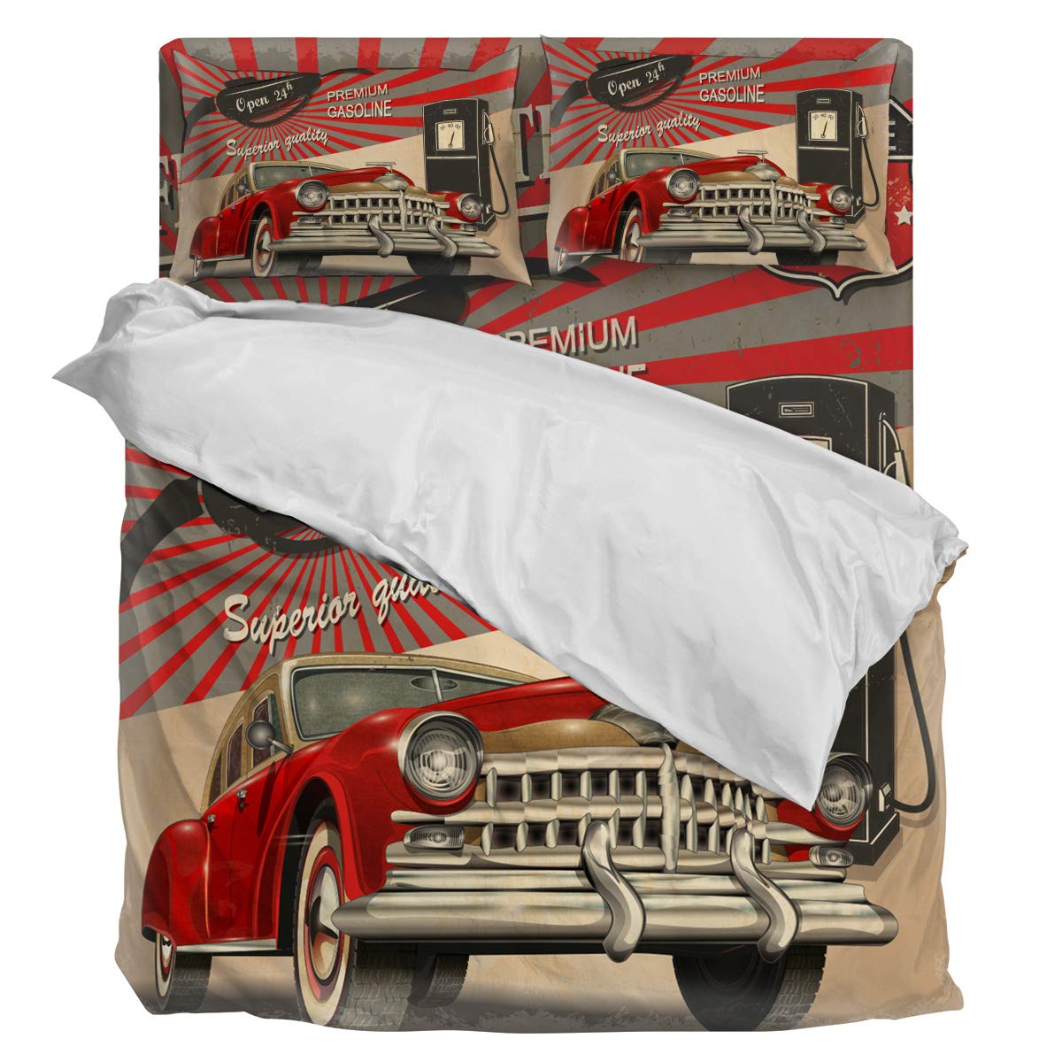 Vintage Route 66 Car Filling Station 4-Piece Full Size Duvet Cover Set - Ultra Soft Luxury Bedding (1 Duvet Cover + 1 Fitted Sheet + 2 Pillowcases) for Cozy Bedroom Decor & Themed Guest Room