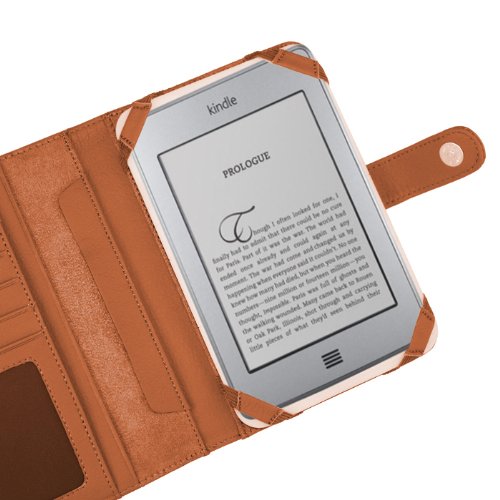 Premium Brown Napa Leather Flip Book Style Case with Clip-On Reading Light - Compatible with Amazon Kindle Touch 6