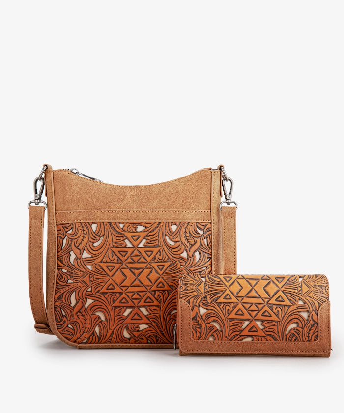 Trinity Ranch Tooled Leather Crossbody Bag Set for Women - Western Style Handbag Purse with Adjustable Strap - Perfect for Travel, Shopping & Everyday Use
