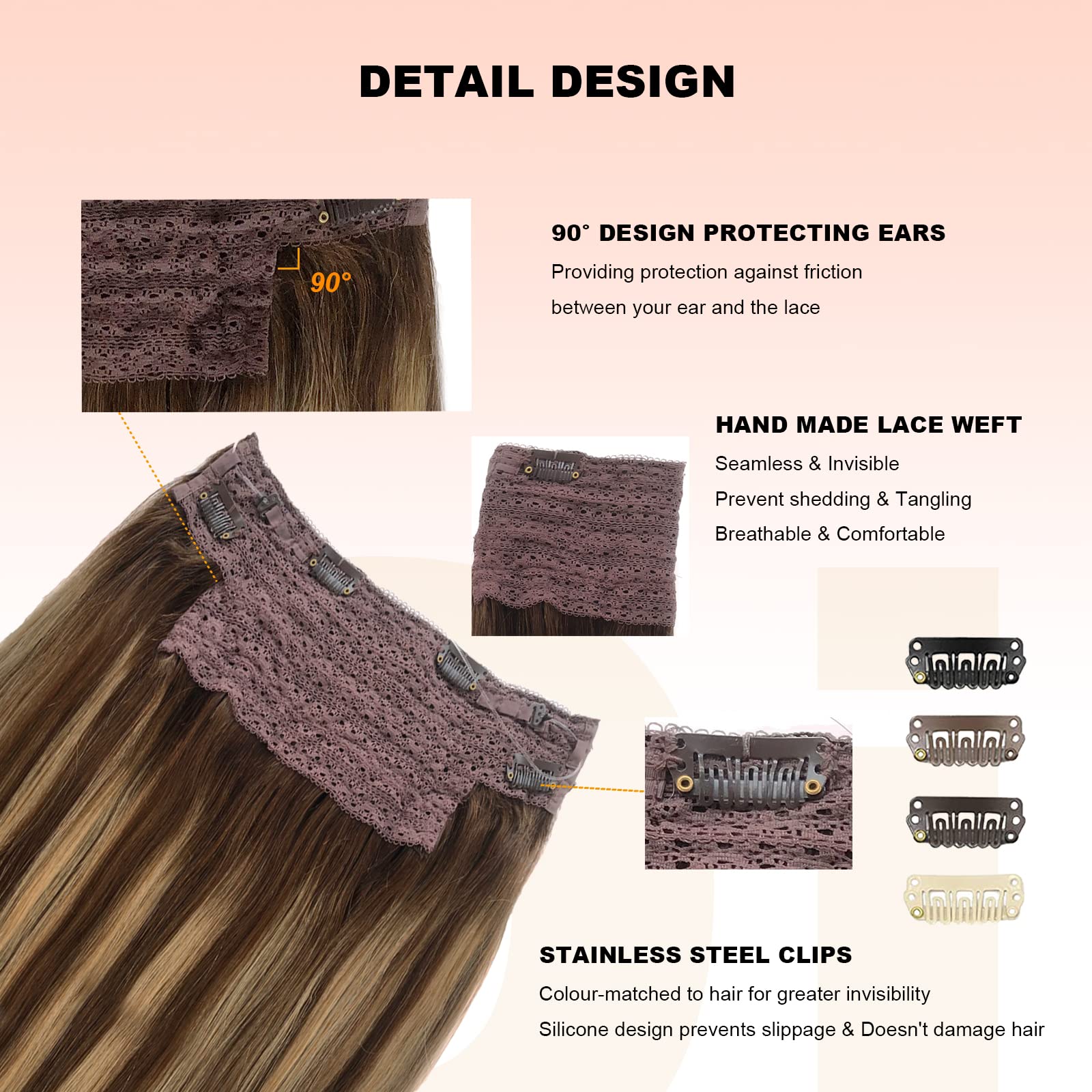 OiMiGO 20 Inch Human Hair Extensions with Invisible Fish Wire - Adjustable Size 100g Medium Brown Mix Caramel Blonde Balayage Highlights | Perfect for Daily Styling, Parties & Special Occasions