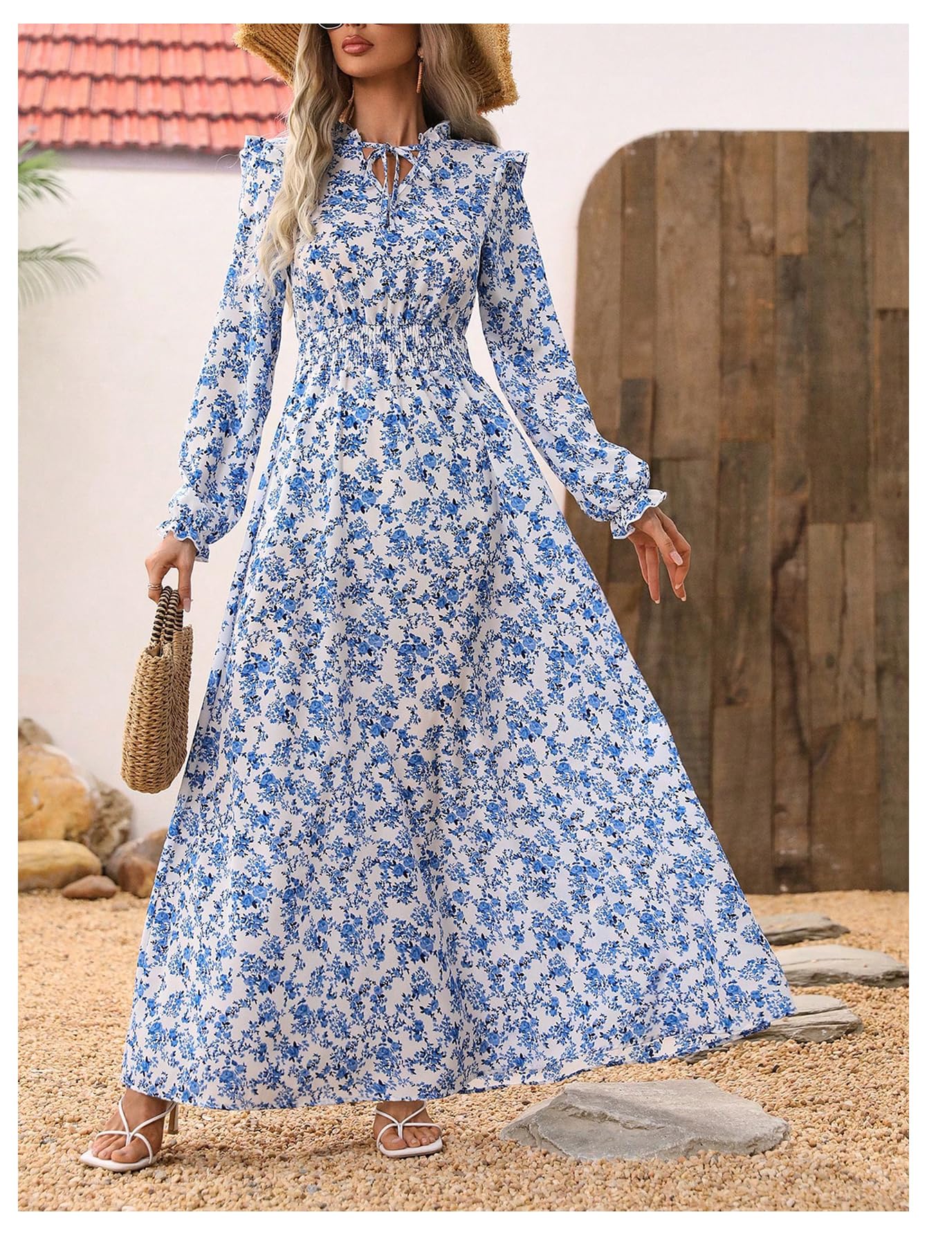 MakeMeChic Women's Floral Print Maxi Dress 2025 - Long Sleeve, Frill Trim & Shirred Design for Spring - Perfect for Weddings, Parties & Casual Outings