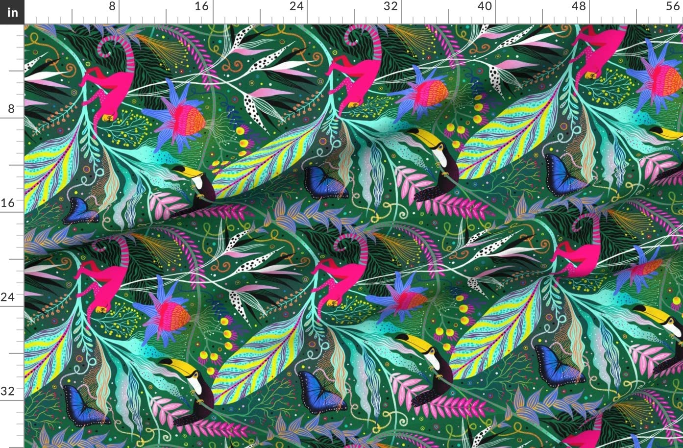Tropical Maximalist Bright Jungle Print Fabric - Organic Cotton Sateen Fat Quarter for Sewing, Quilting, Apparel & Home Decor | Summer Island Toucan Monkey Design | Perfect for DIY Projects, Pillow Covers & Boho Decor