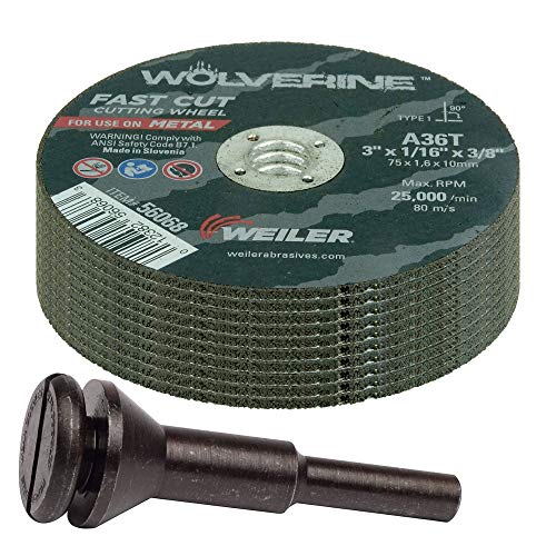 Weiler 56089 Die Grinder Cut-Off Wheel and Mandrel Kit with 56490 Mandrel & 10pc 3-Inch x 1/16