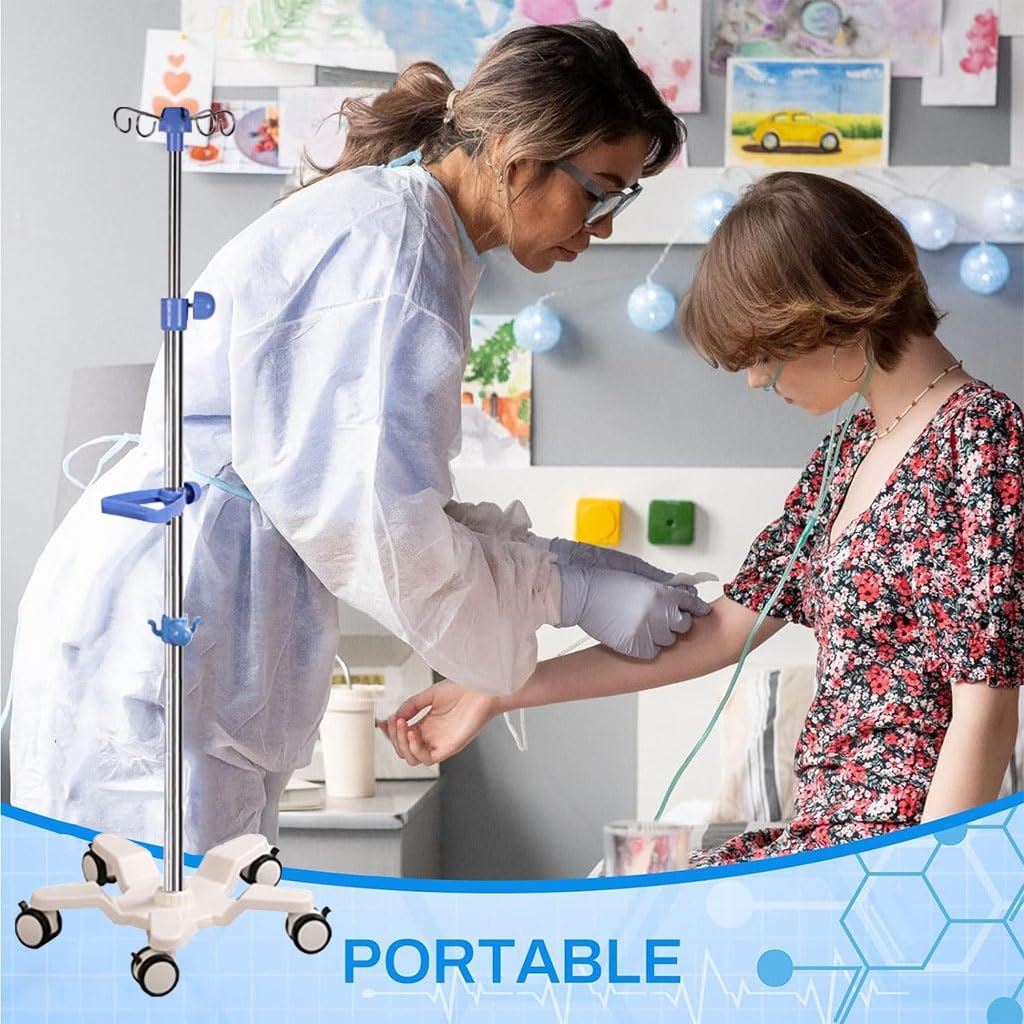 Adjustable IV Pole Stand with Silent Brake Wheels & 4 Hooks - 43.3 to 83 Inches Height - Stainless Steel Medical Equipment with Wide Base for Stability - Perfect for Hospitals, Clinics & Home Healthcare Use