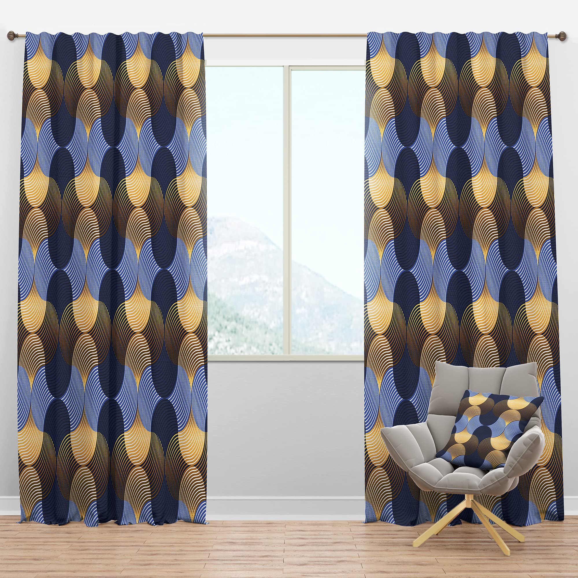 DesignQ Blackout Curtains - Thermal Insulated Retro Luxury Waves Pattern in Gold & Blue - 52x120 Inch Single Panel Window Drapes for Bedroom & Living Room - Perfect for Light Blocking, Privacy & Energy Efficiency