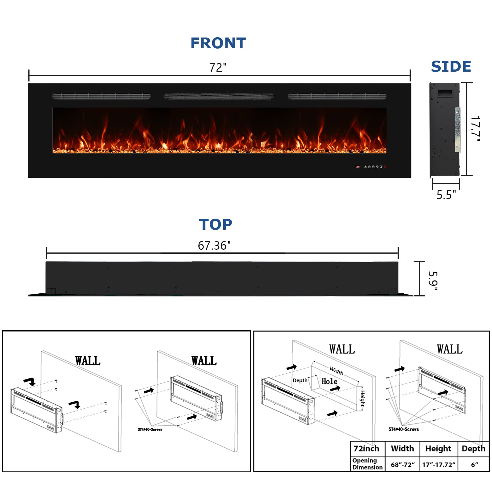 72 Inch Recessed Electric Fireplace Insert - Wall Mounted Fireplace Heater with Timer & Remote Control, 750W/1500W Adjustable Flame - Perfect for Living Room, Bedroom, and Office Heating