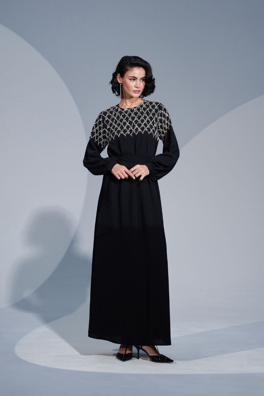 Elegant Rhinestone Embellished Abaya Dress for Women - Available in 3 Colors (Black, Navy, Burgundy) | Perfect for Eid, Weddings & Special Occasions