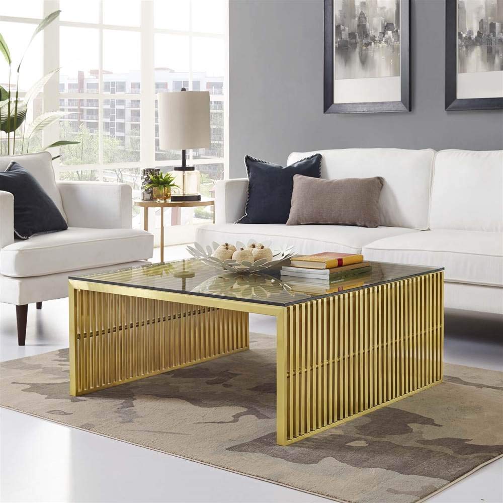 Modway Gridiron Gold Stainless Steel Coffee Table - Modern Glass Top for Living Room