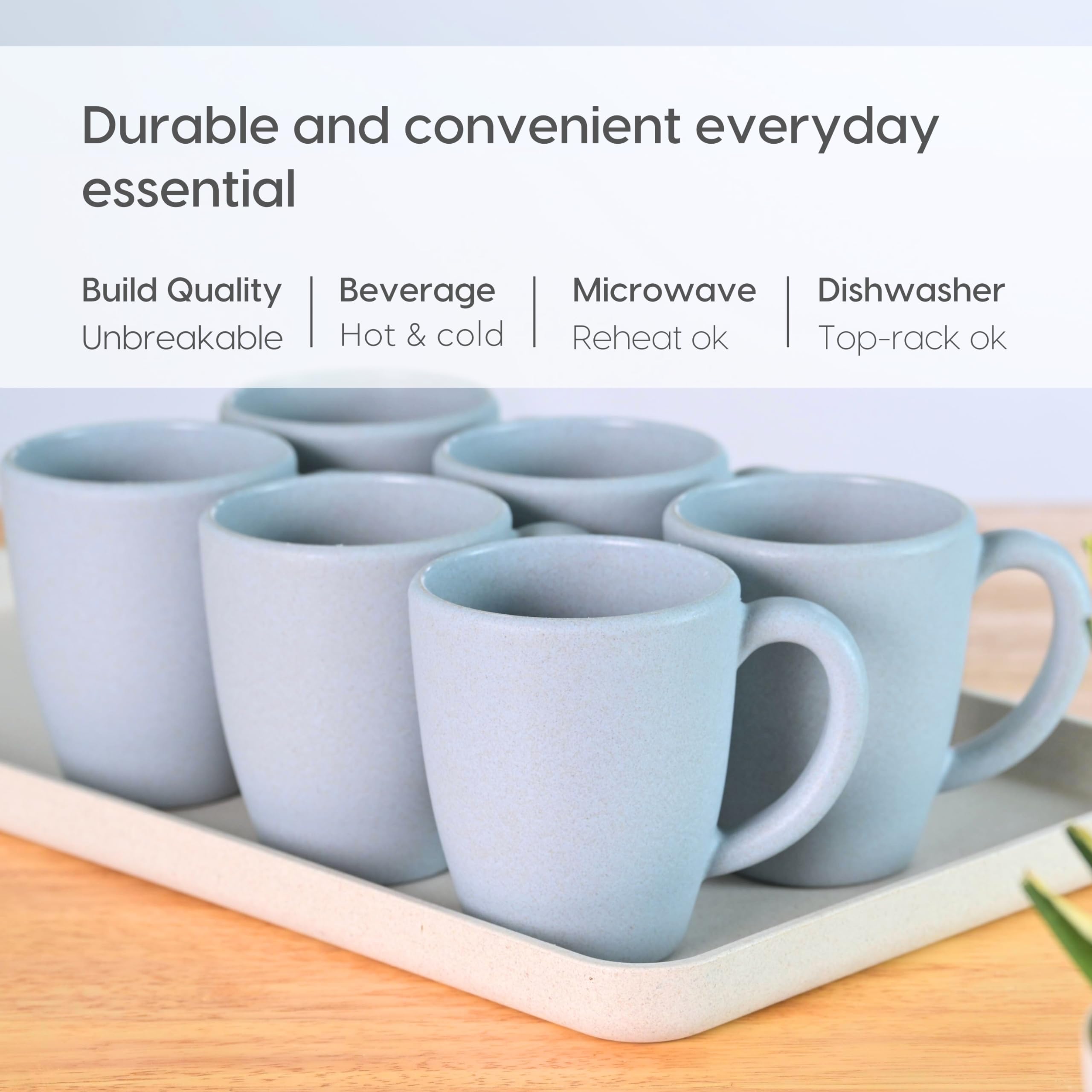Eco-Friendly Set of 6 Classic Coffee Mugs | 300ml | Microwave Safe | Made with Sustainable Rice Husk & Bamboo Fibers | Matte Finish | Perfect for Hot Coffee, Cold Brew, Tea & Milk | Ideal for Home, Office & Gifts (Pack of 6, Azure)