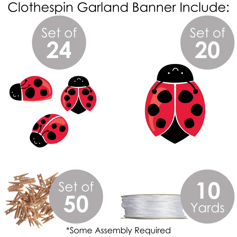 Happy Little Ladybug DIY Decorations - 44-Piece Clothespin Garland Banner for Baby Showers & Birthday Parties | Perfect for Nursery, Kids Room & Party Backdrop Decor