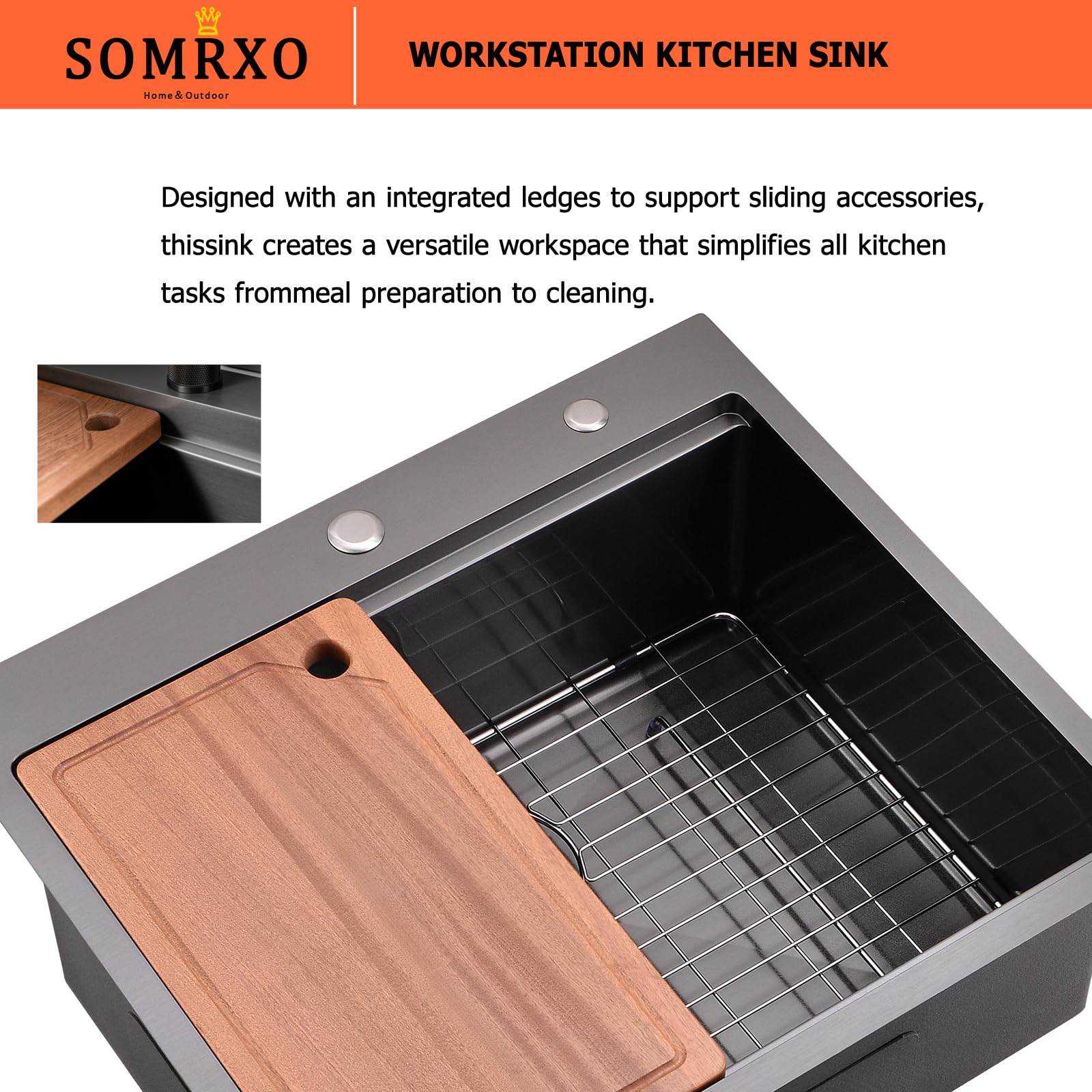 25x22 Inch Drop-In Kitchen Sink - 16 Gauge Gunmetal Black Stainless Steel Single Bowl Top Mount Sink, 10 Inch Deep Workstation Sink for Modern Kitchens | Perfect for Food Prep, Dishwashing & Entertaining