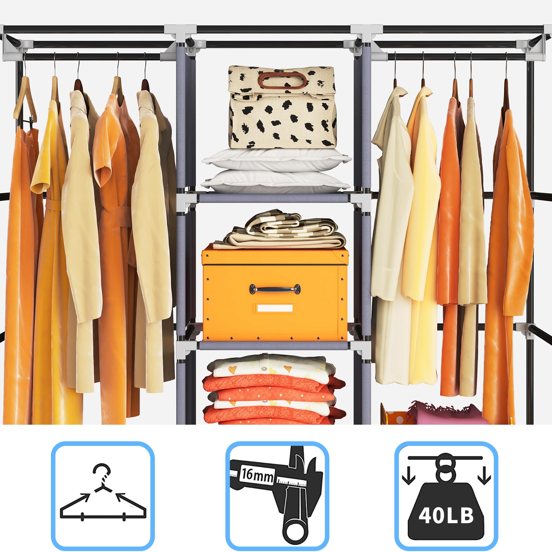 53 Inch Portable Closet with 2 Hanging Rods & 8 Shelves - Non-Woven Fabric Wardrobe for Clothes Storage - Easy Assembly Grey - Perfect for Small Spaces, Dorm Rooms & Temporary Closet Solutions