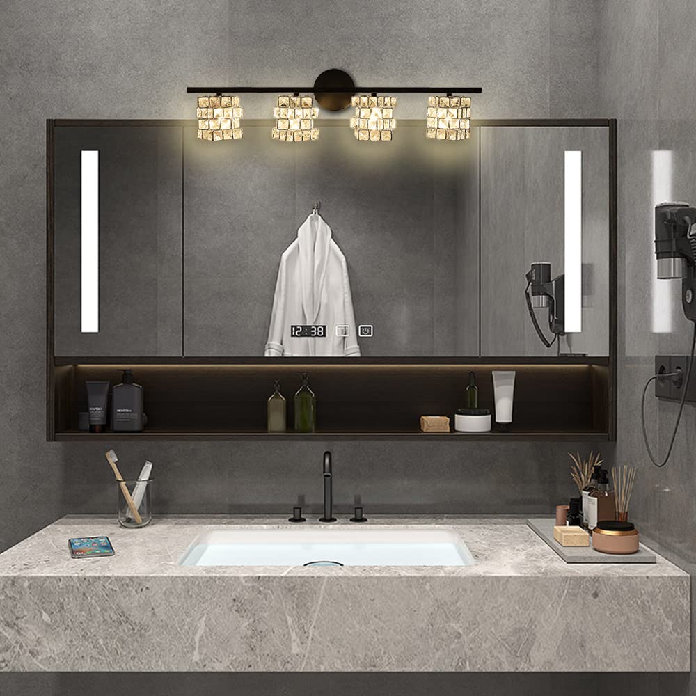 Modern Black BDL Bathroom Vanity Light Fixture - 4-Light Crystal Shade Wall Sconce for Mirror Lighting (Bulbs Not Included) | Perfect for Bathroom, Powder Room & Dressing Room Makeup Lighting