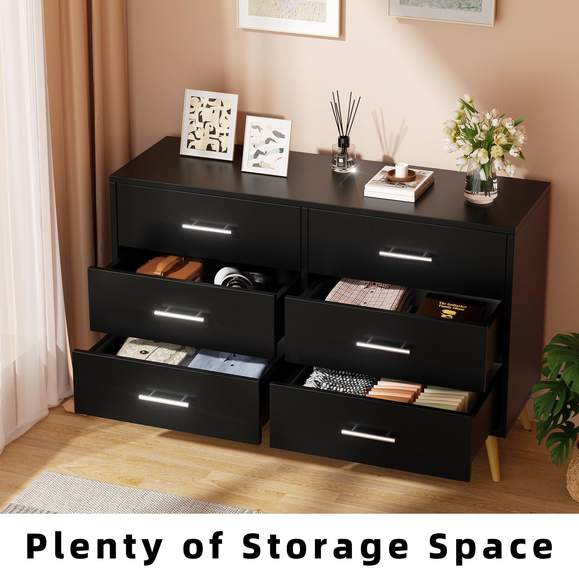 Shintenchi 6-Drawer Dresser - Modern Wide Chest of Drawers with Large Storage, Black Organizer Cabinet for Bedroom, Living Room & Porch | Perfect for Clothes, Toys & Home Organization
