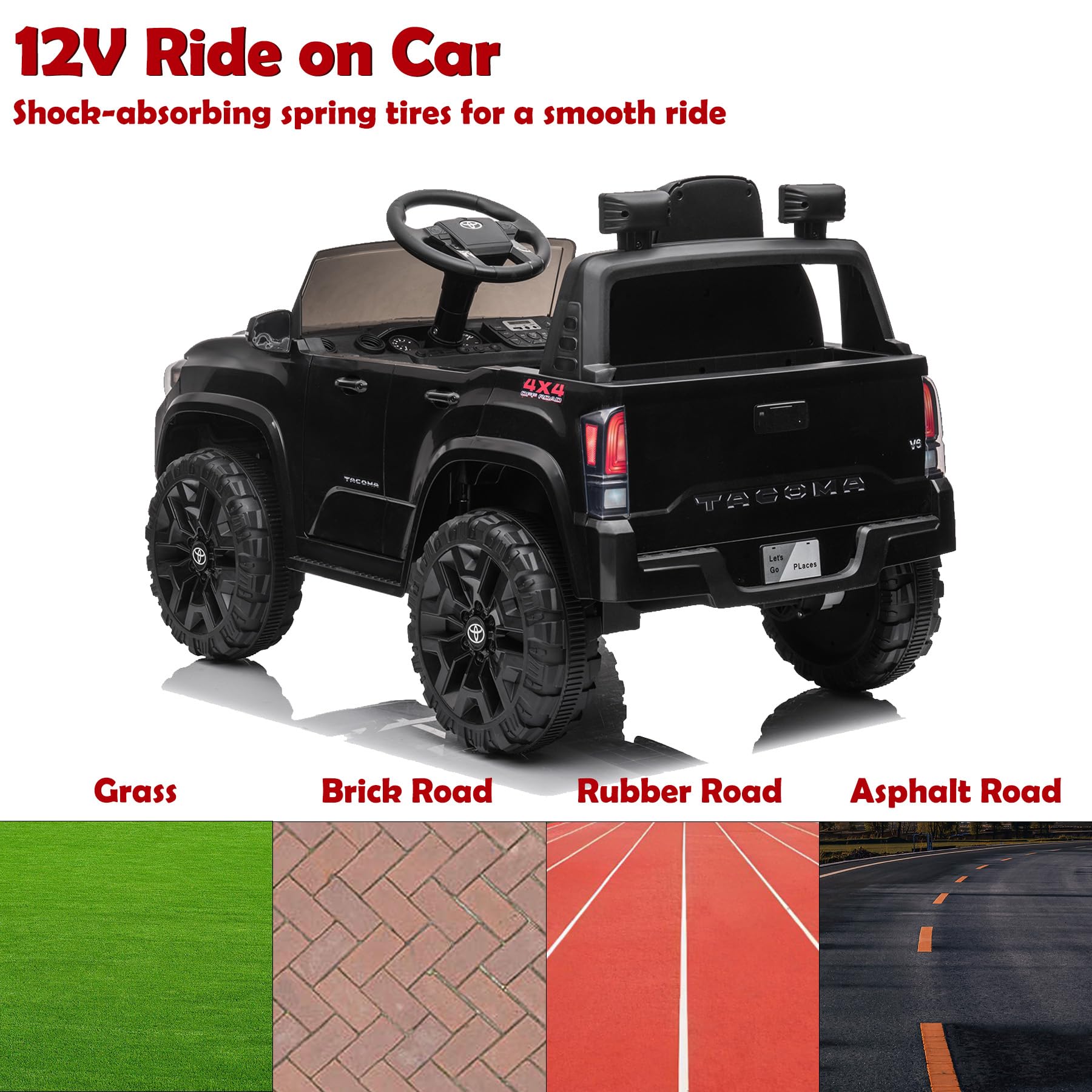 Toyota Tacoma Licensed 12V Kids Ride-On Truck - Battery-Powered Electric Car with Remote Control, 3 Speed Settings, Spring Suspension, Music & FM Radio - Perfect for Outdoor Play, Birthday Gifts & Toddler Pretend Driving (Black)