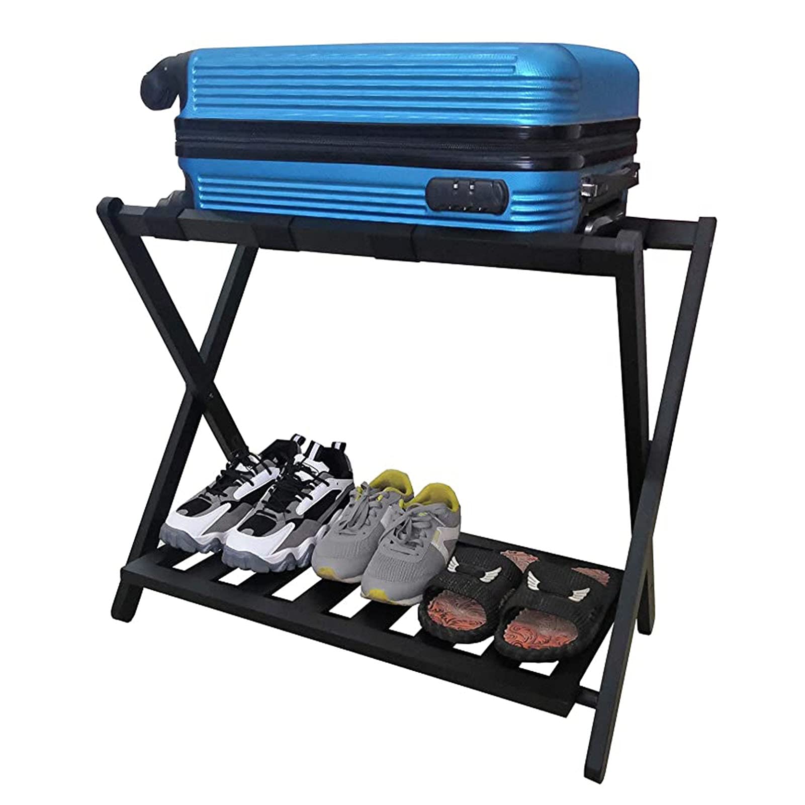 Foldable Wooden Luggage Rack with Shoe Shelf - 2-Tier Suitcase Stand for Bedroom, Guest Room & Hotel - Space-Saving Travel Storage Organizer (Black) | Perfect for Compact Spaces & Travel Accessories Organization