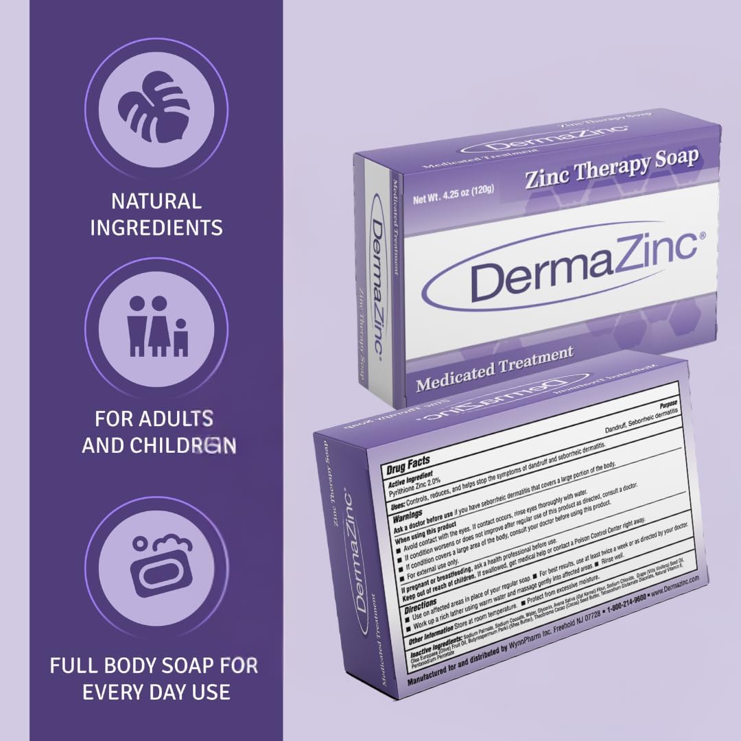 DermaZinc Zinc Therapy Soap Bar for Eczema, Psoriasis & Acne - 4.25oz (120g) x 3 Pack - Medicated Skin Care for Dry, Itchy & Irritated Skin - Perfect for Daily Face & Body Wash
