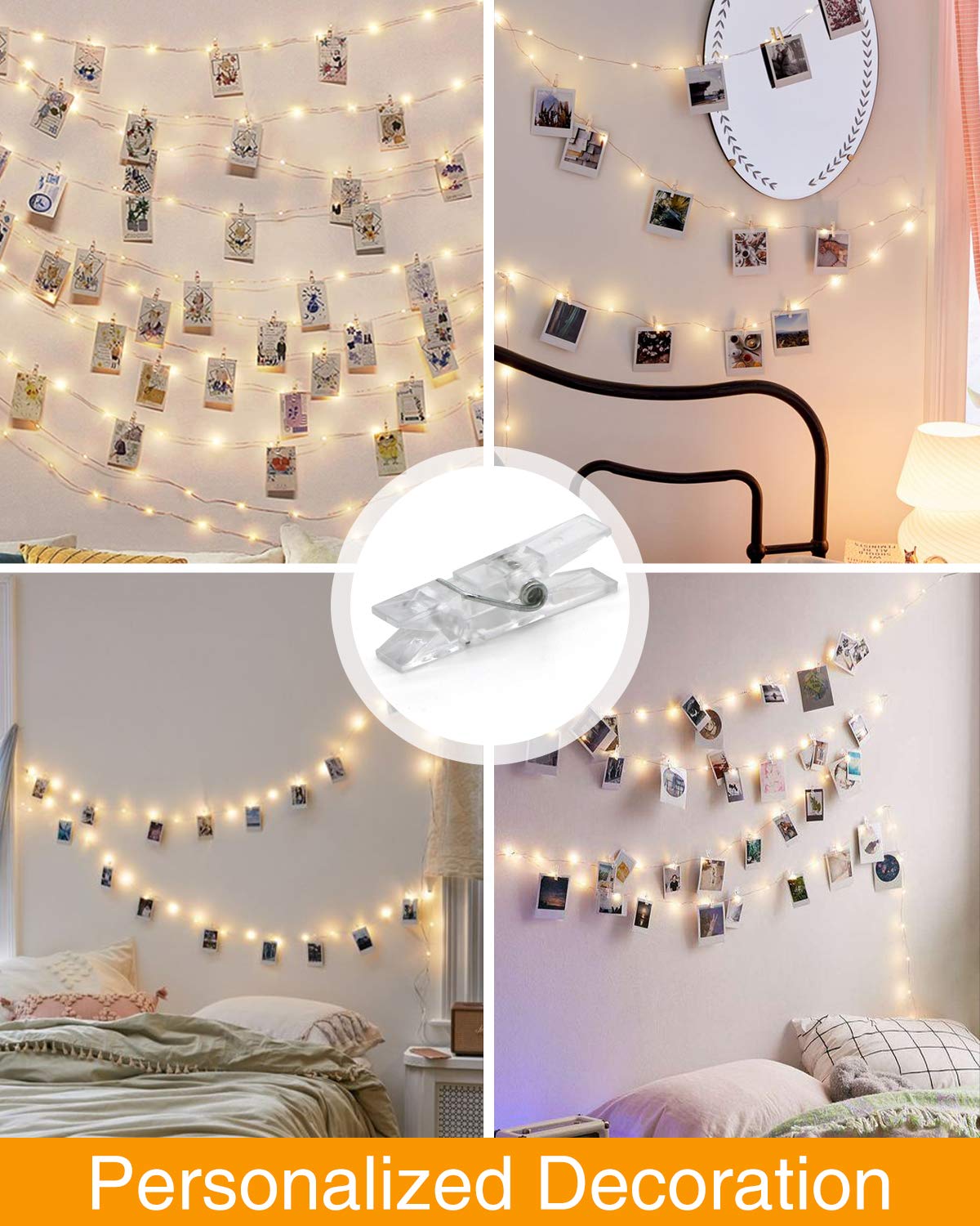 Kolpop 100LED Photo Clip String Lights - 33ft Battery Operated Fairy Lights with 60 Clips, Copper Wire Hanging Decor for Bedroom, Wedding, Party & Christmas | Indoor Photo Display, Wall Decor, Backdrop Lighting