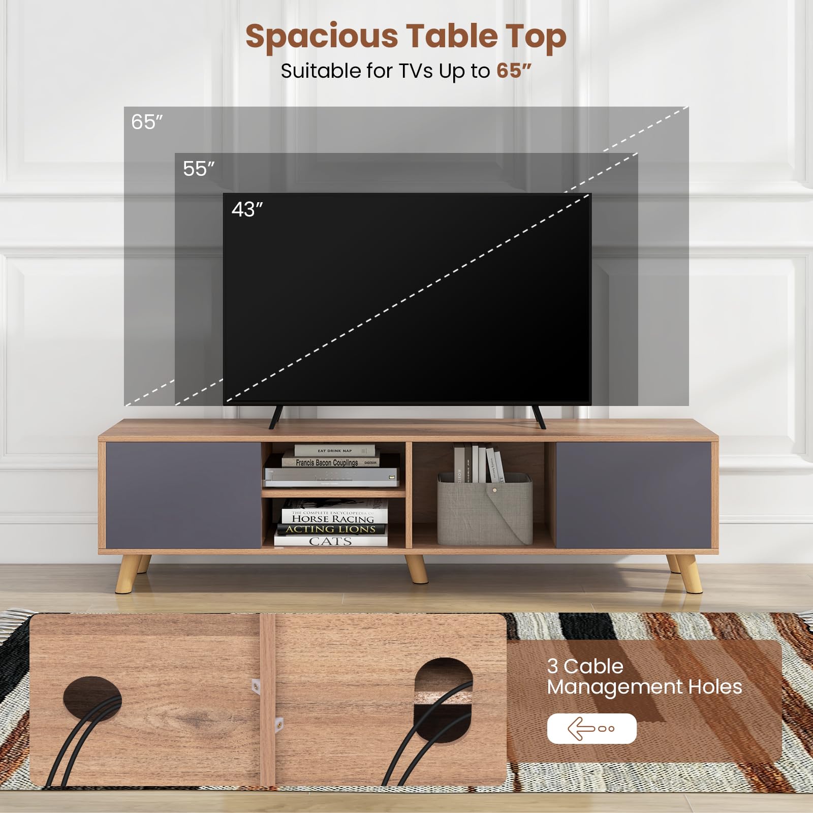 Tangkula 65 Inch TV Stand with 2 Doors & Open Shelves - Modern Media Console with Cable Management Holes - Entertainment Center for Living Room, Bedroom & Home Theater (Natural Gray Finish) - Perfect for Streaming, Gaming & Home Decor