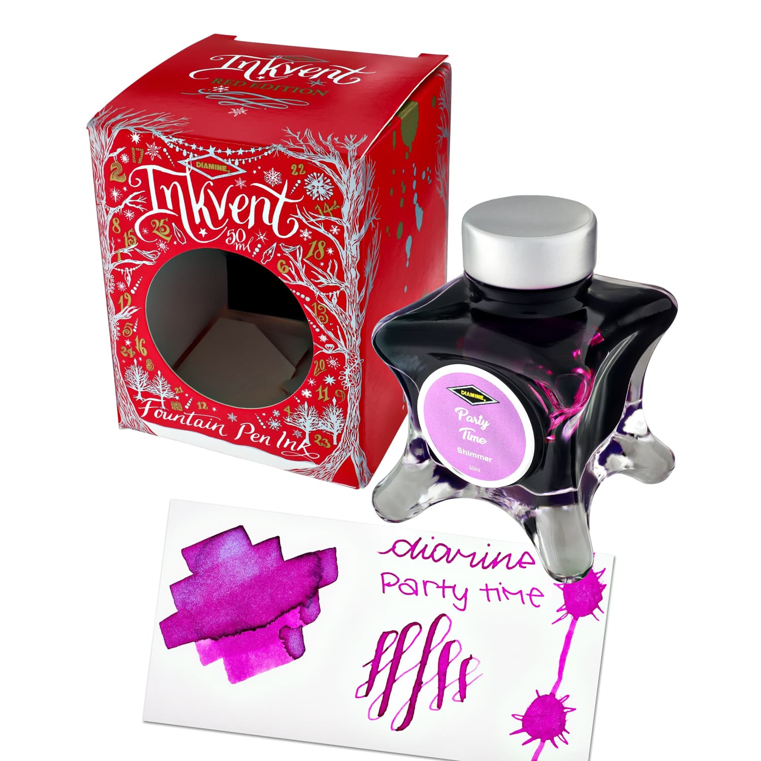Diamine Inkvent Red Edition Shimmer Bottled Ink - Hot Pink Party Time 50mL for Calligraphy, Fountain Pens & Artistic Writing - Perfect for Holiday Cards, Journaling & Creative Projects