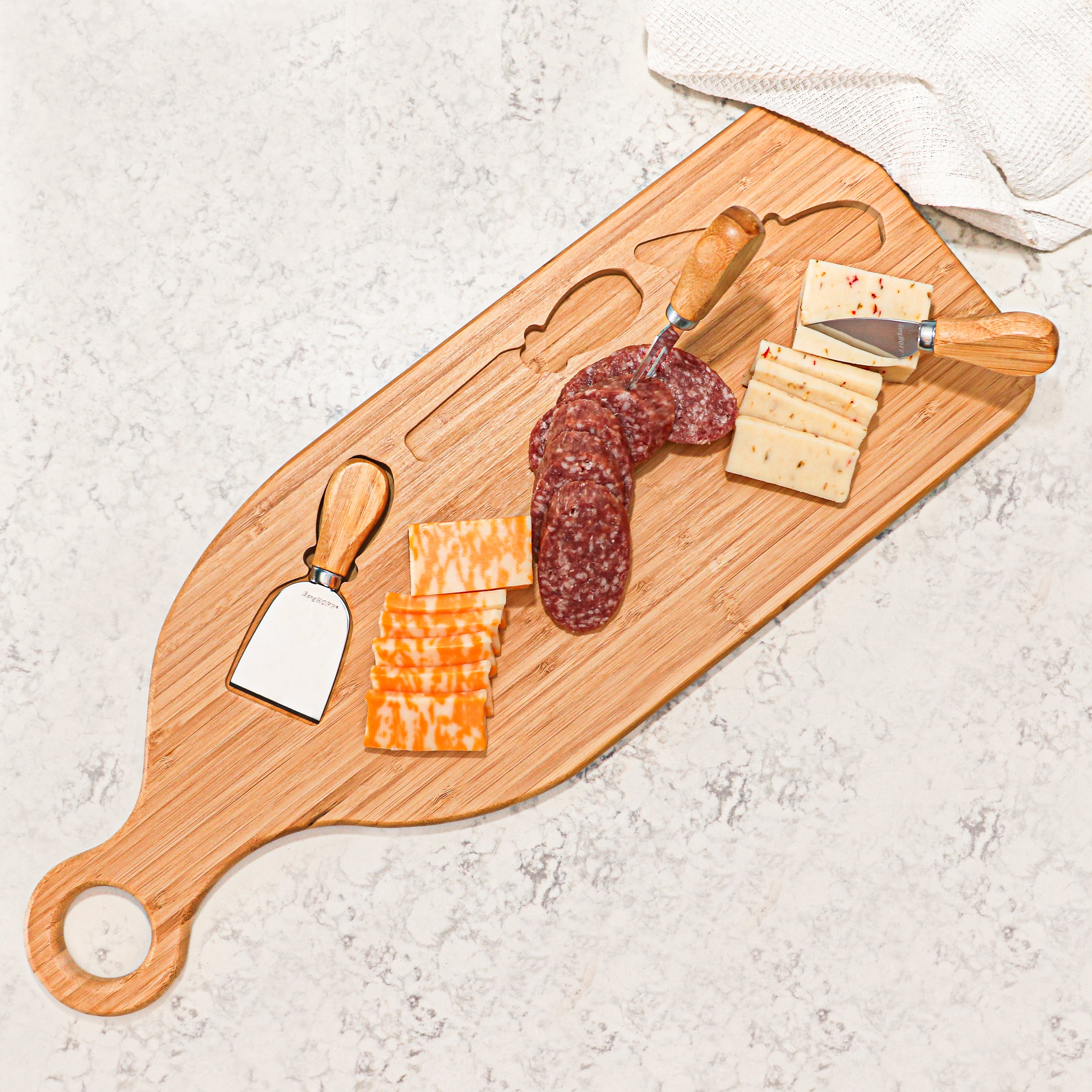 BergHOFF 4-Piece Stainless Steel Cheese Knife Set with Bamboo Paddle Board - Perfect for Charcuterie, Cheese Platters & Entertaining (22x7.9x1 Inch)