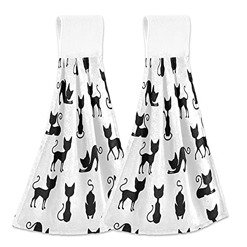 Black Cat Silhouette Kitchen Towels - 2 Pack Absorbent Cotton Hand Towels with Hanging Loop, Cute Kitten Design for Bathroom & Kitchen Decor | Perfect for Holiday Gifts, Housewarming & Cat Lovers