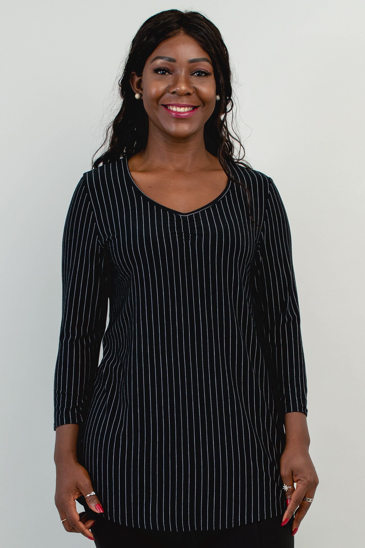 Franny Top - Black & White Pin Stripe Bamboo Blouse for Women | Soft & Breathable Eco-Friendly Shirt | Perfect for Office Wear, Casual Outfits & Summer Fashion