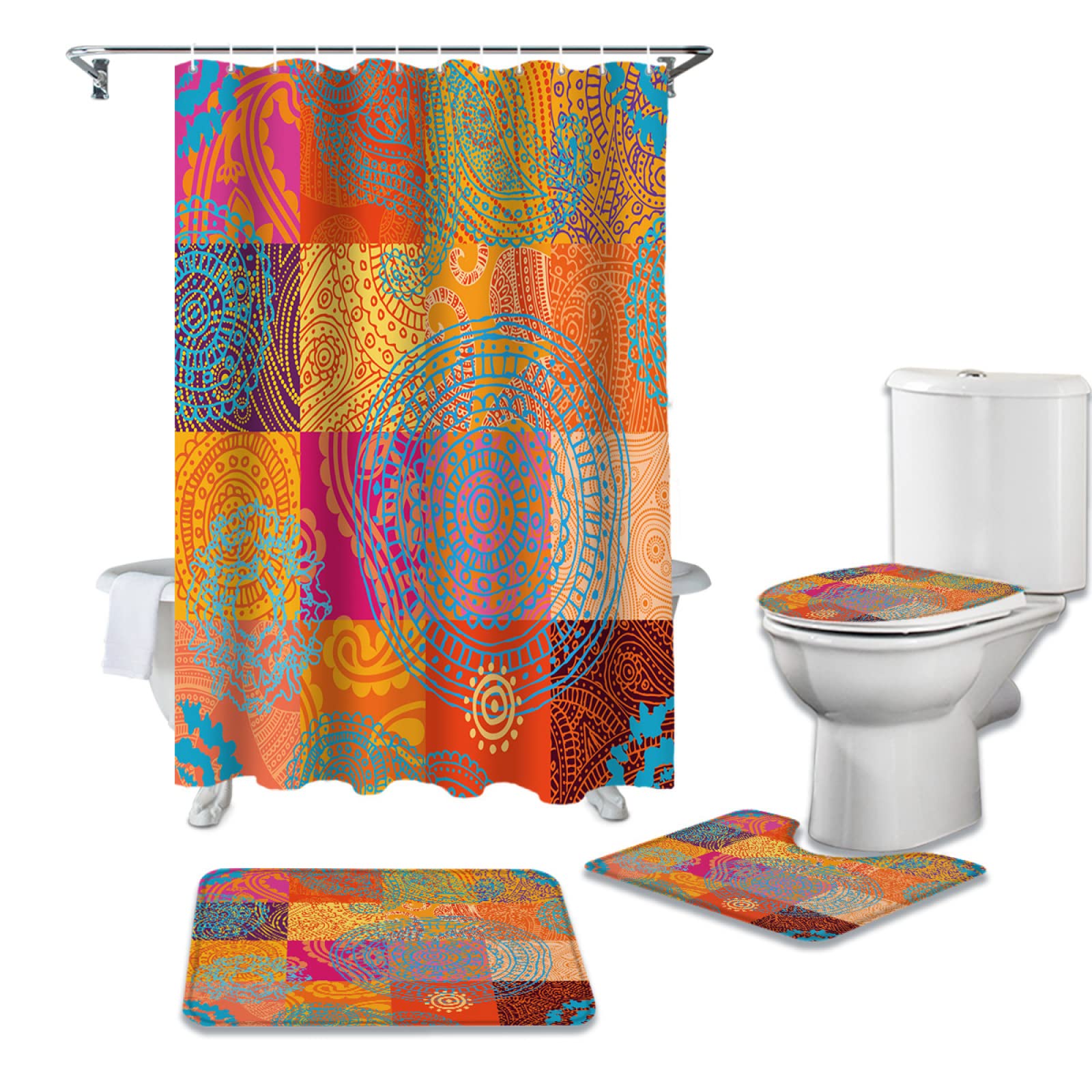 4 PCS Orange Circle Abstract Shower Curtain Set with 12 Hooks, Non-Slip Bath Mat, U-Shaped Floor Mat & Toilet Lid Oval Rug - Waterproof Bathroom Decor Set for Modern Home, Apartment & Guest Bathroom