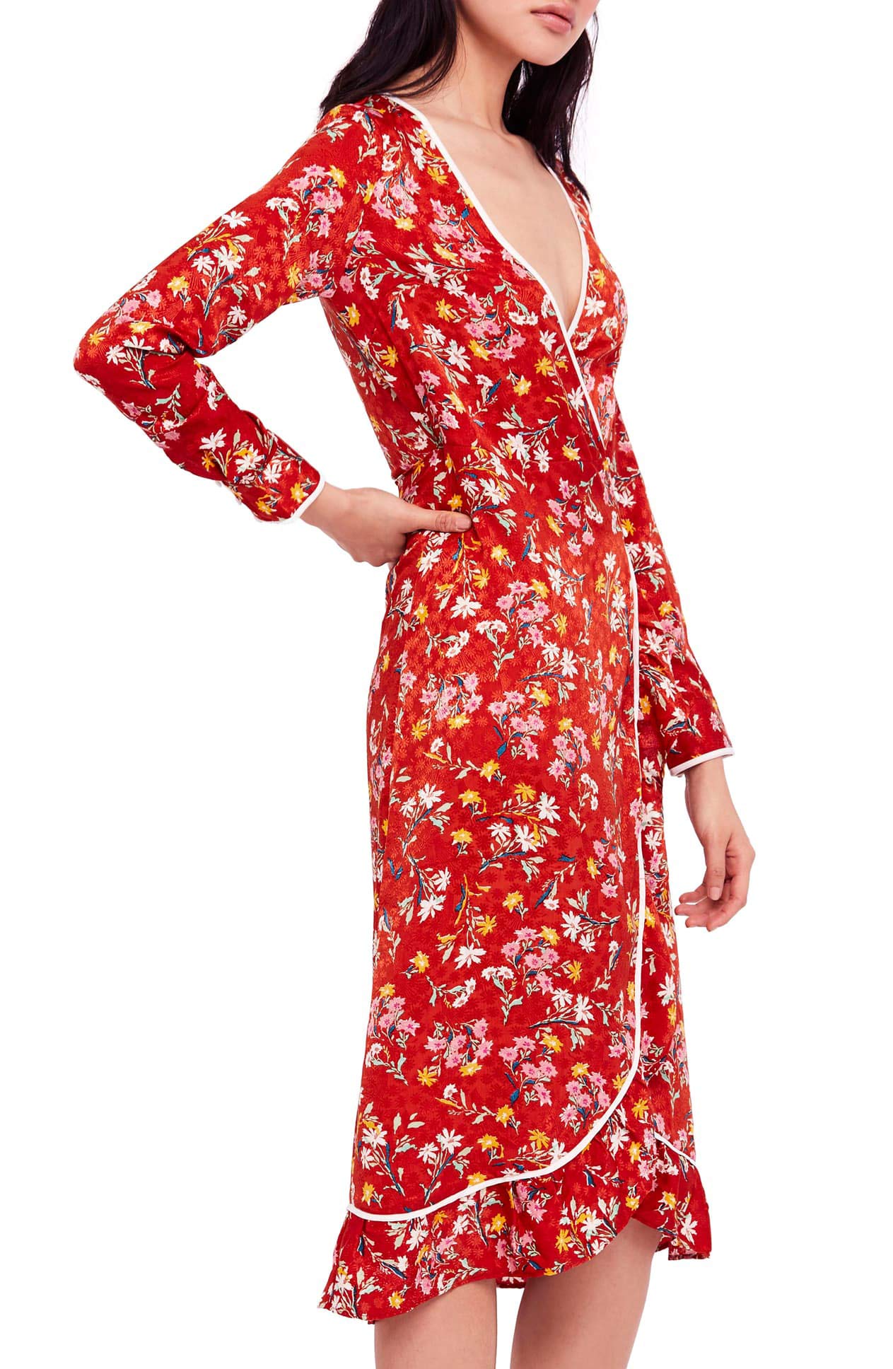 Free Women's Floral Ruffled Wrap Dress - Red Size 6 | Boho Summer Dress for Beach, Wedding & Date Night