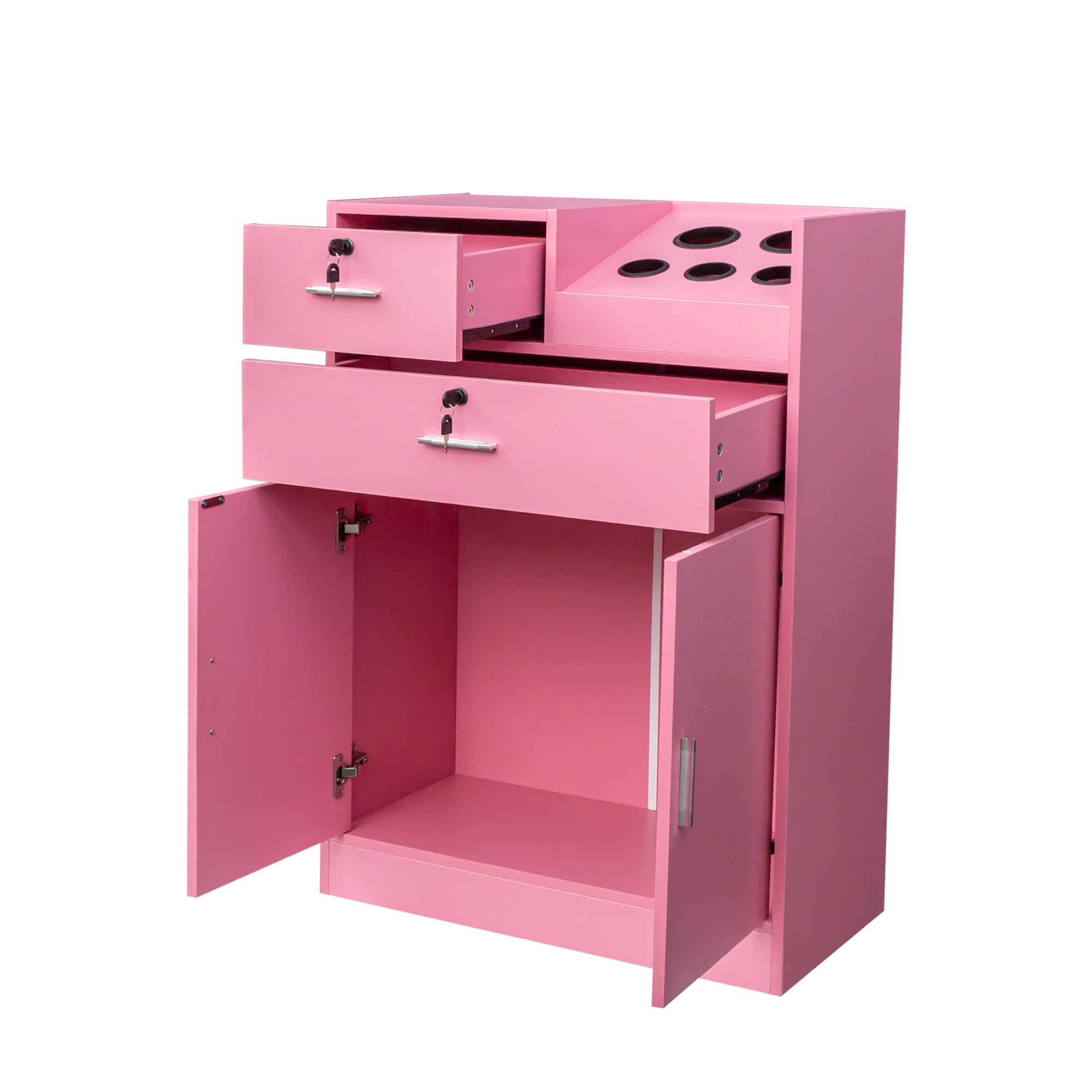 Pink Salon Storage Cabinet with Lock & Hair Dryer Holder - 2 Drawers & 1 Cabinet for Beauty Salon, Barber Shop, Spa Organization - Professional Stylist Equipment Organizer for Home & Commercial Use