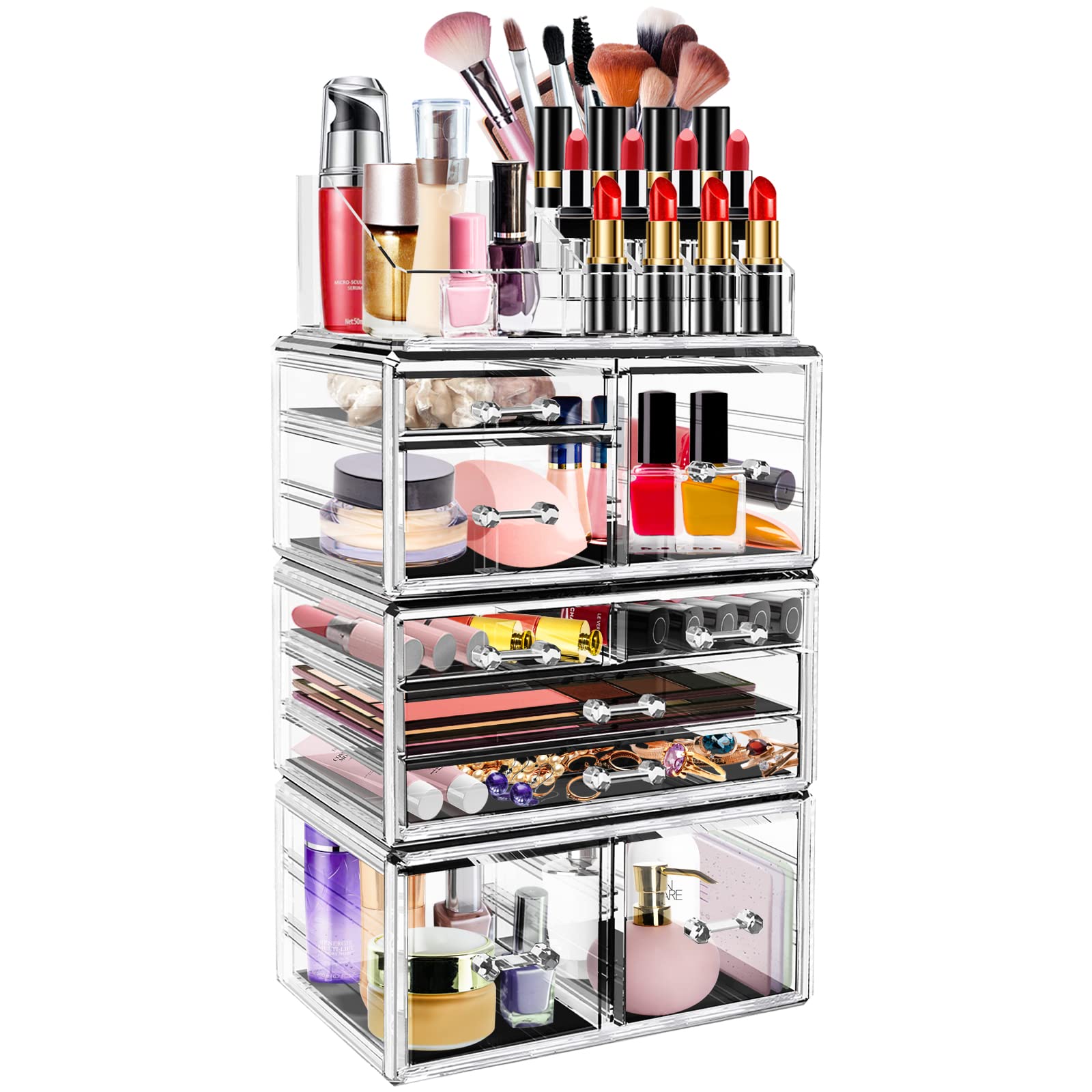 LINYAPRY Clear Acrylic Makeup Organizer - 9 Large Drawers Cosmetic & Jewelry Storage Box | Stackable Beauty Display Case for Skincare, Bathroom, Dresser & Vanity Countertop | Perfect for Makeup Artists & Home Organization