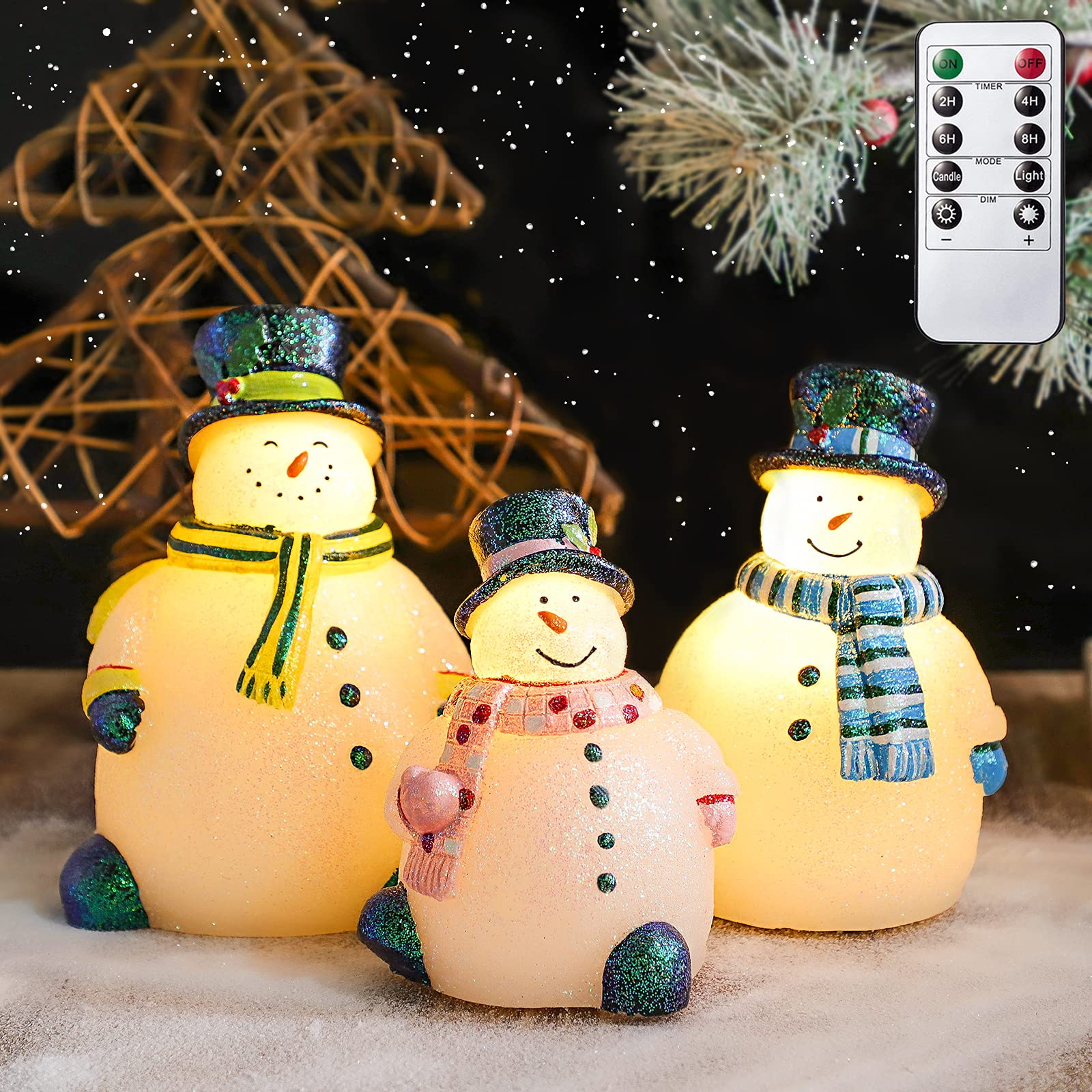 Immeiscent Realistic Flameless Snowman Candles - Battery Operated with Timer & Remote for Christmas Decor, Home & Party (Set of 3, Blue) | Perfect for Santa Celebrations, Holiday Tablescapes & Cozy Winter Ambiance