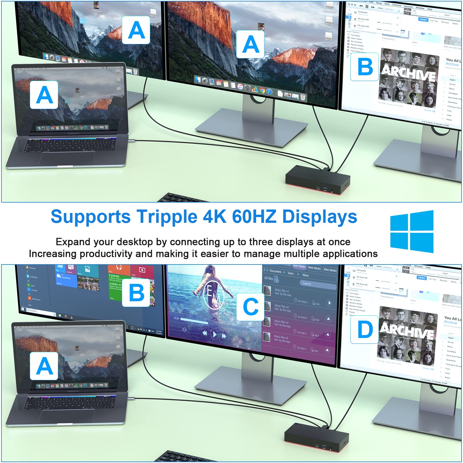 13-in-1 USB C Docking Station for Laptop - Triple 4K@60Hz HDMI/DP, 100W PD Charging, Gigabit Ethernet, 6 USB Ports, Audio Jack - Compatible with MacBook, ThinkPad, Dell, HP (Perfect for Home Office & Multi-Monitor Setup)