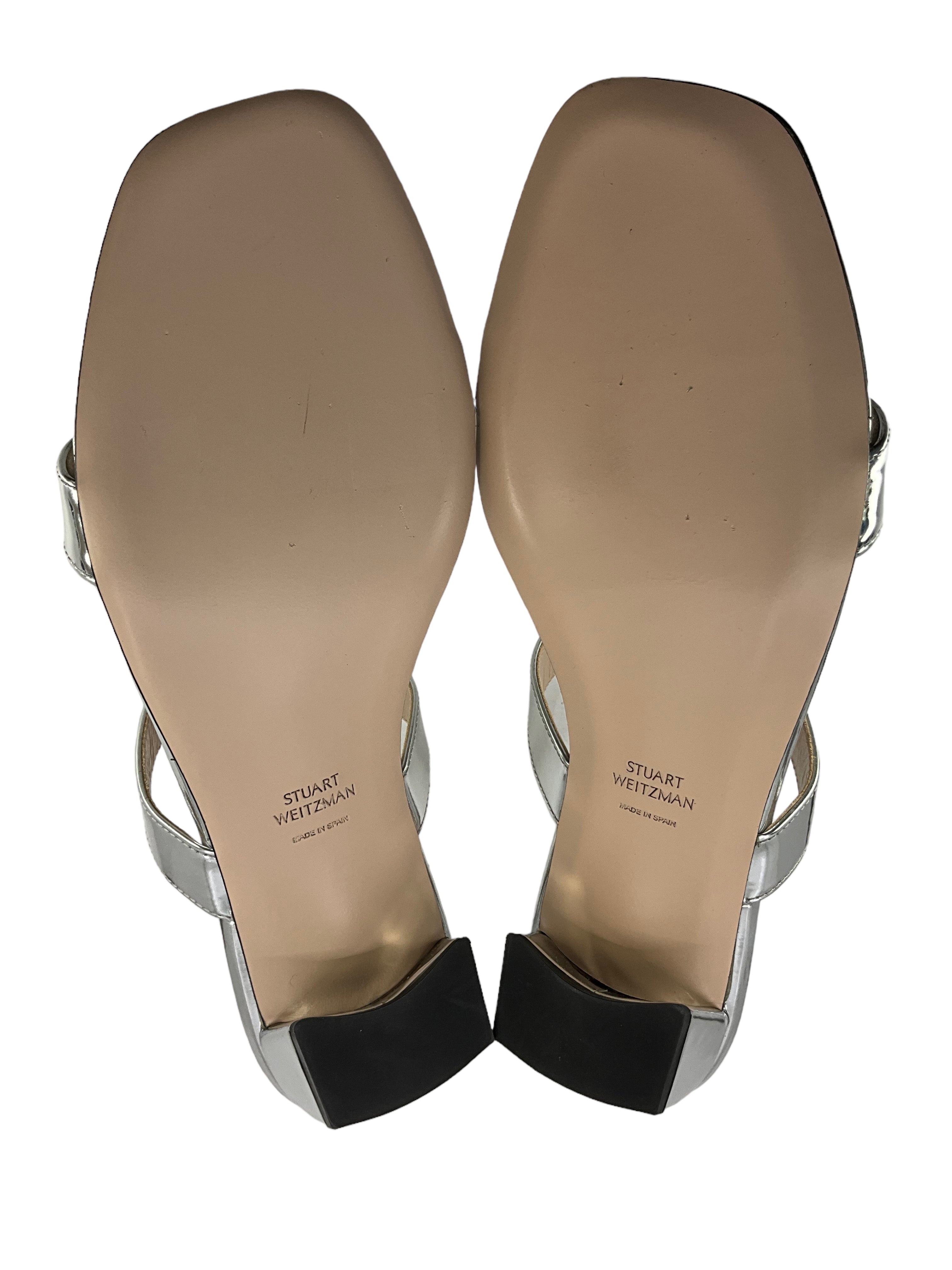 Stuart Weitzman Women's Silver Patent Leather Sandals Size 8 | Comfortable Dressy Heeled Sandals for Weddings, Parties & Summer Outfits