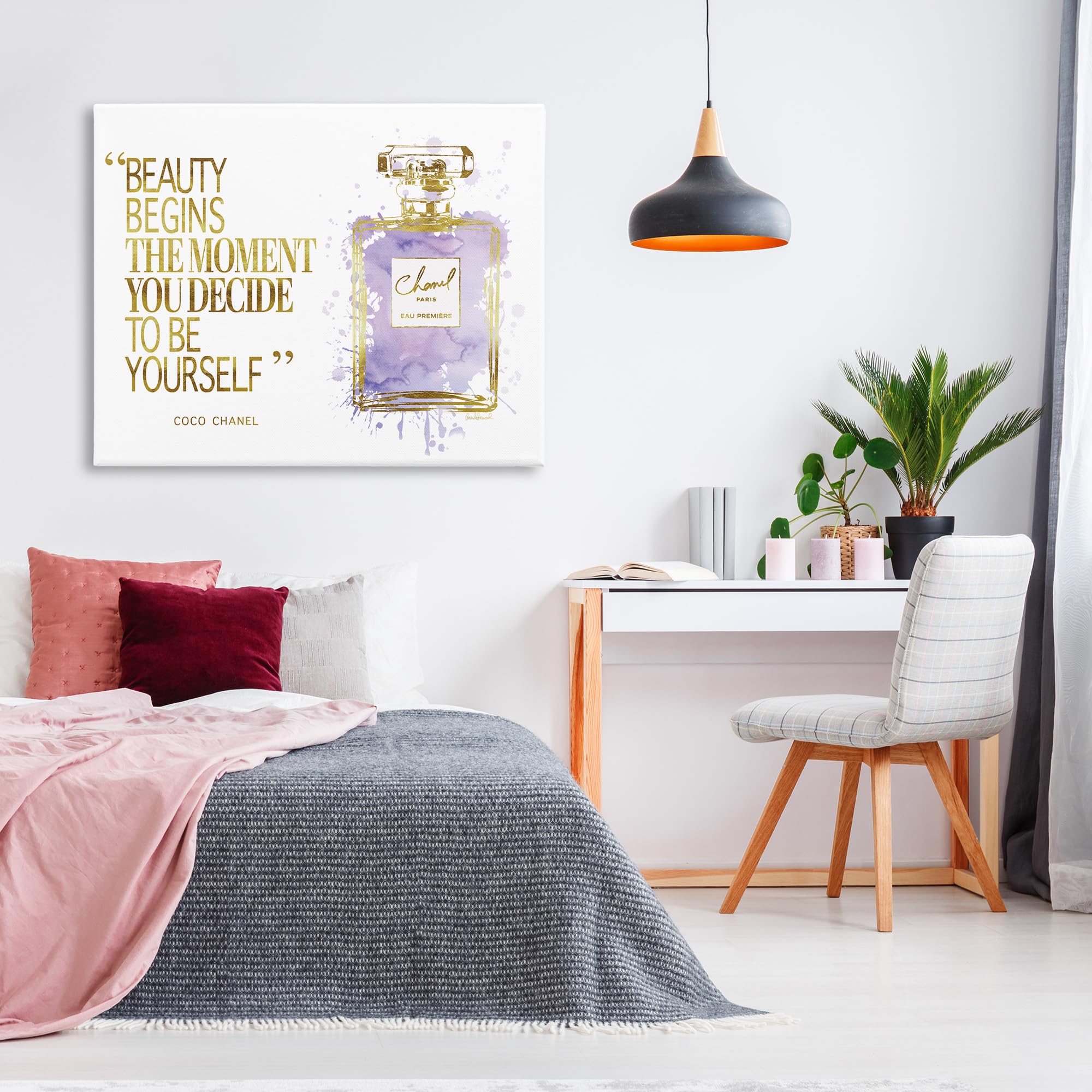 Stupell Industries Beauty Begins Designer Quote Purple Glam Perfume Bottle Wall Art - Amanda Greenwood Design for Bathroom, Bedroom & Vanity Decor