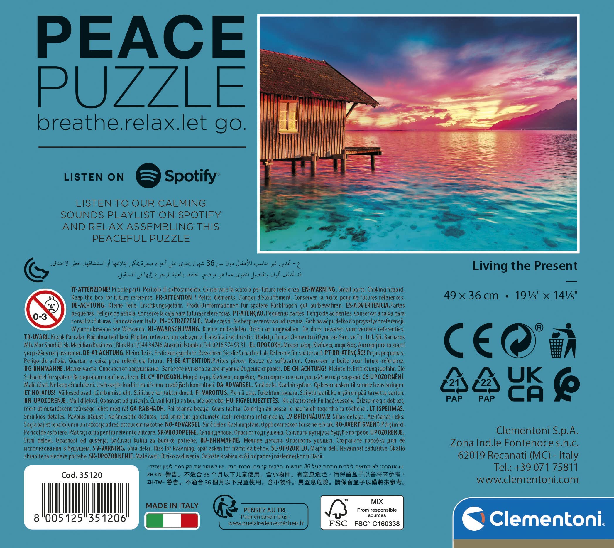 Clementoni 35120 Peace Puzzle - Living The Present 500 Piece Adult Jigsaw Puzzle, Relaxing Landscape Puzzle for Stress Relief & Mindfulness - Made in Italy | Perfect for Meditation Rooms, Home Decor & Gift Giving