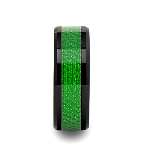 MATLAL Black Ceramic Ring with Emerald Green Carbon Fiber Inlay - 8mm Wide Beveled Edge Wedding Band for Men | Durable, Scratch-Resistant Jewelry for Everyday Wear, Anniversary Gifts & Special Occasions