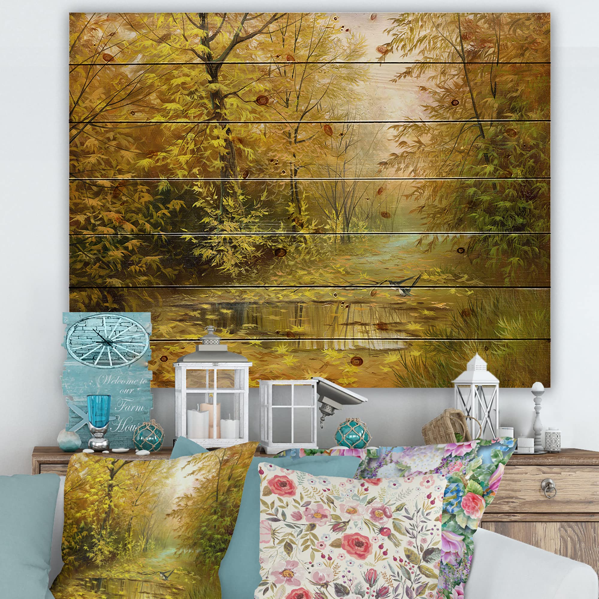 DesignQ Yellow Woodlands Country Wood Wall Decor - Large Landscape Pine Wood Art Panels for Living Room, Bedroom & Office Decor