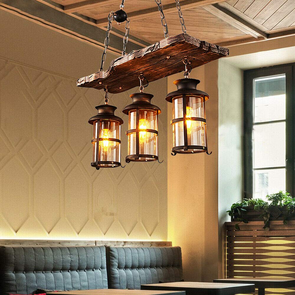 DYRABREST Industrial Farmhouse Wooden Chandelier - Rustic Hanging Pendant Light with Glass Shade, 3-Light Suspension Ceiling Fixture for Dining Room, Kitchen, or Living Room (E26/E27 Bulb Base)