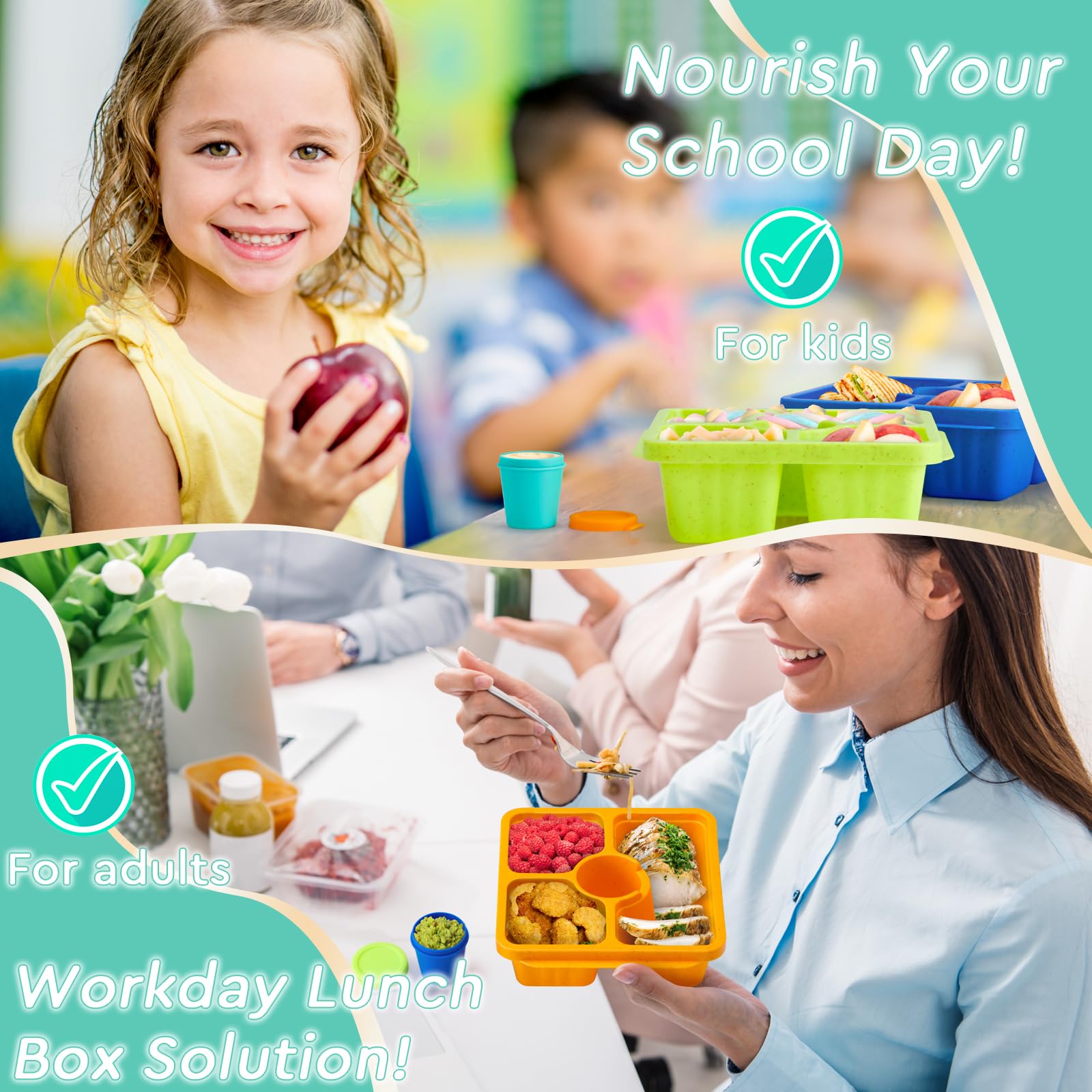 QQKO 4-Pack Bento Box for Adults & Kids - Reusable Divided Lunch Containers with Lids & Sauce Cups - Stackable Meal Prep Food Storage Containers - Perfect for School, Office, Picnics & Travel