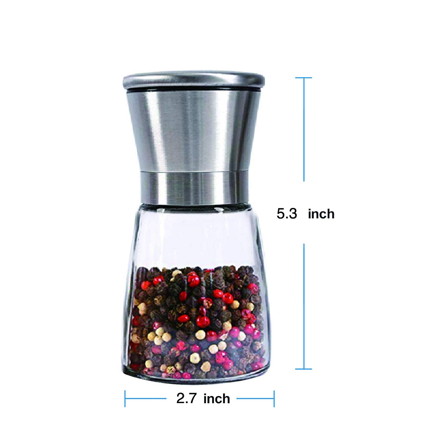 Premium Salt and Pepper Grinder Set of 2 - Adjustable Ceramic Mill with Stainless Steel Stand & Glass Body - Refillable Spice Grinders for Kitchen, Dining Table & Gourmet Cooking