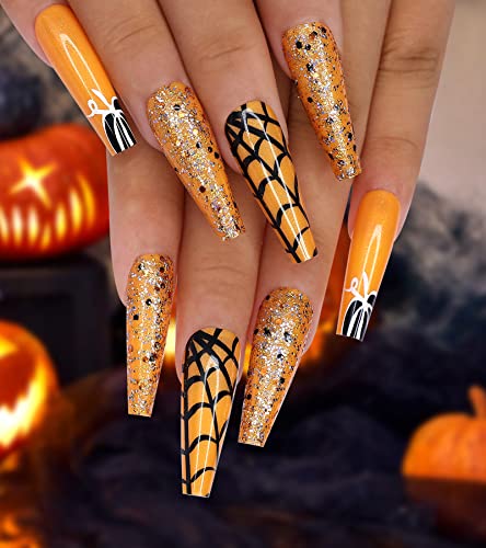 Morily 24Pcs Halloween Press on Nails - Orange Long Coffin Fake Nails with Pumpkin & Spider Web Design - Glossy Acrylic Glitter False Nails for Women (Orange Black Cobweb Glitter) - Perfect for Halloween Parties, Costume Events & Spooky Nail Art