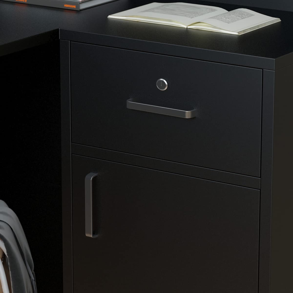 Modern Reception Counter with Large Storage Shelves & Drawers - Black | Retail Front Desk for Office, Hotel, or Clinic Reception Area