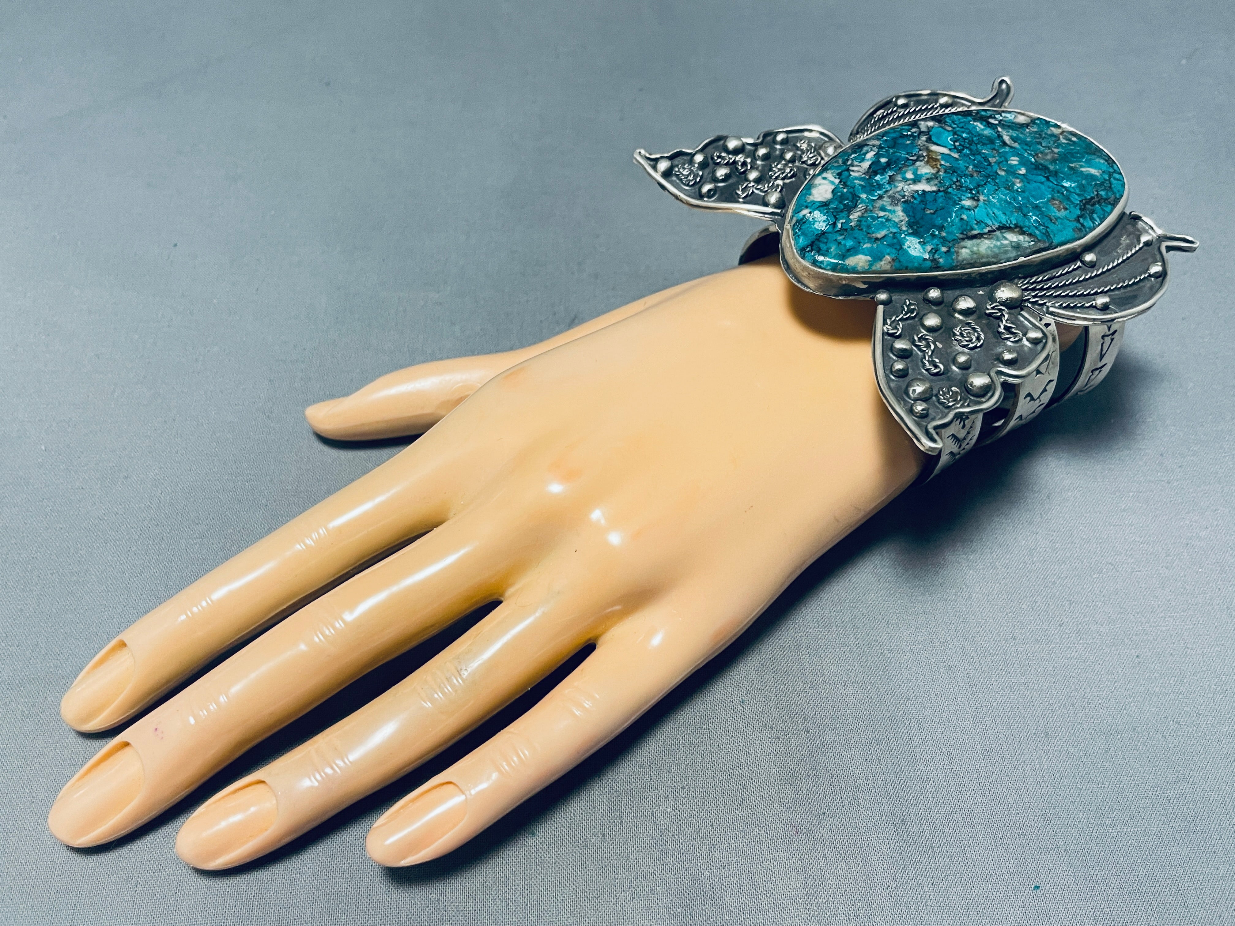 **153g Sterling Silver Butterfly Bracelet with Turquoise Spiderweb Design - Elegant Handmade Jewelry for Women, Perfect for Parties & Gifts**