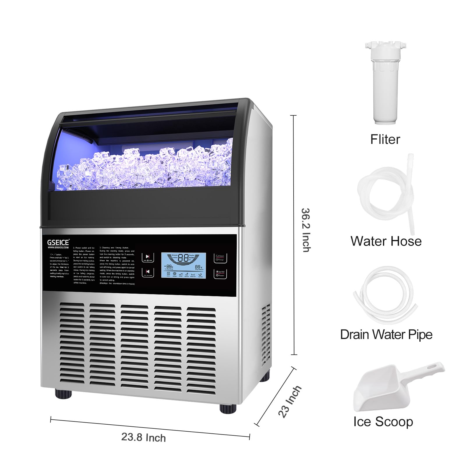 Commercial Ice Maker Machine 150LBS/Day, 2 Water Inlet with 70LBS Storage Bin & Drain Pump - Stainless Steel Undercounter Ice Machine for Restaurants, Bars, Cafes, Home & Office Use - Perfect for Cocktails, Beverages & Food Display