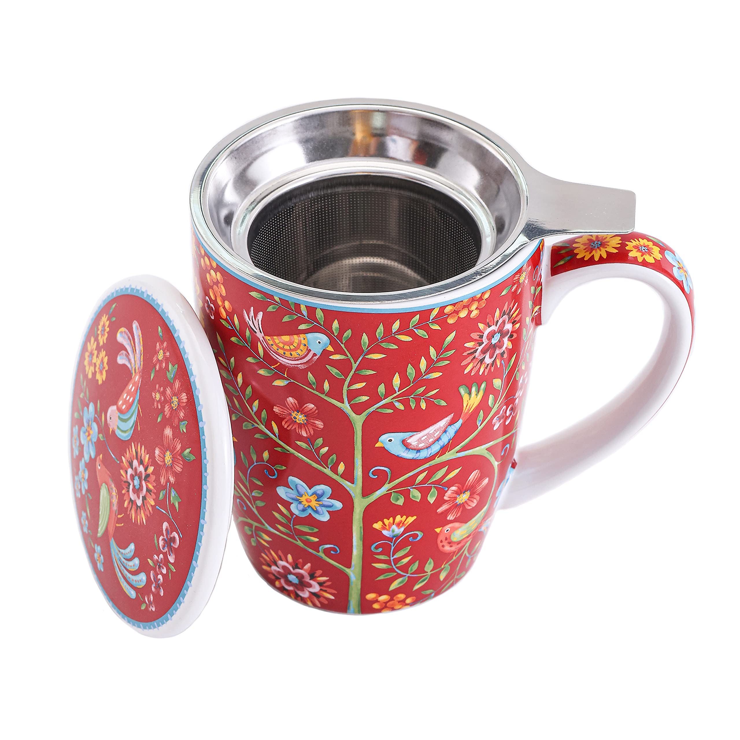 Bico Red Spring Bird 12oz Porcelain Tea Mug with Infuser & Lid - Microwave & Dishwasher Safe - Perfect for Home, Office & Gift Giving