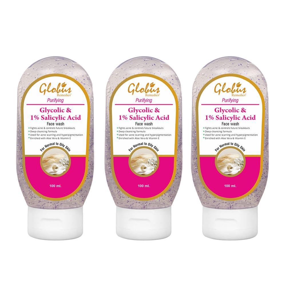 Globus Remedies Pimple Clear Face Wash with Glycolic & 1% Salicylic Acid for Acne Treatment - 100ml (Pack of 3) | Deep Cleansing & Exfoliating Facial Cleanser for Oily & Acne-Prone Skin | Daily Skincare Routine
