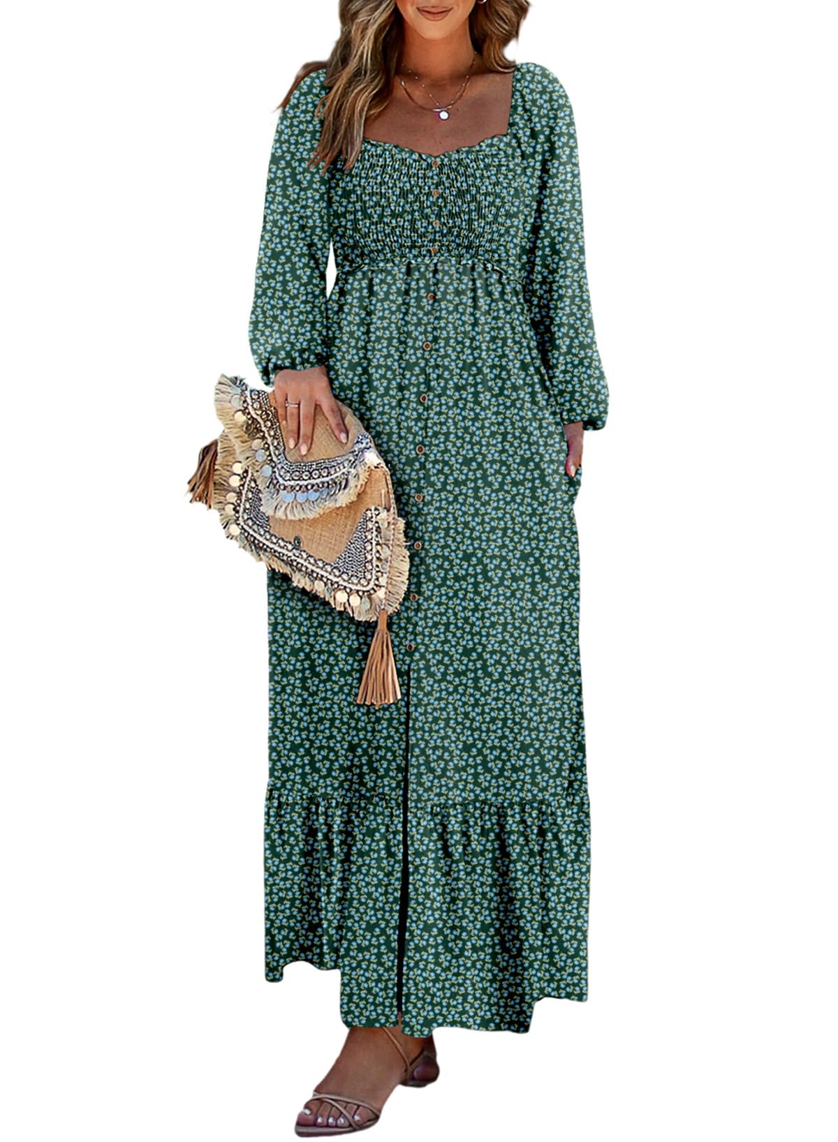 Dokotoo Women's 2025 Boho Floral Smocked Square Neck Long Sleeve Button Down Maxi Dress - Spring Summer Beach Sundress for Vacation, Date Night & Outdoor Parties