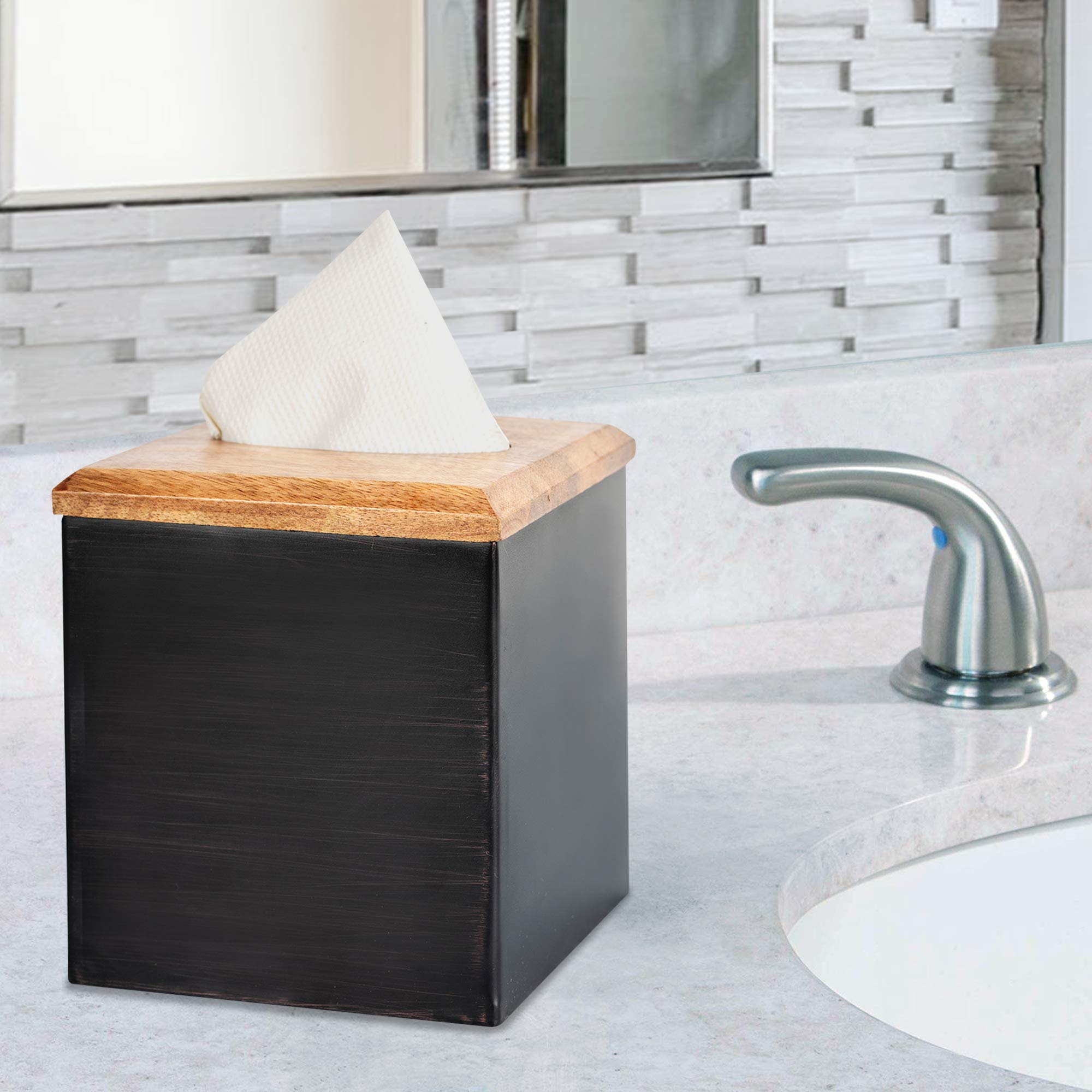 Salem Metal & Wood Facial Tissue Box Cover - Oil Rubbed Bronze Bathroom Vanity Organizer (5